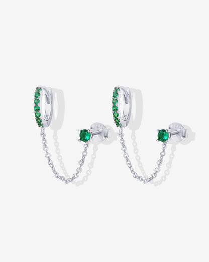 Chained Huggie Hoop with Green CZ Stud