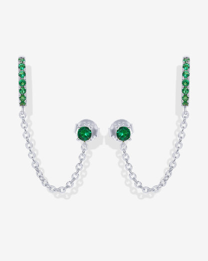 Chained Huggie Hoop with Green CZ Stud