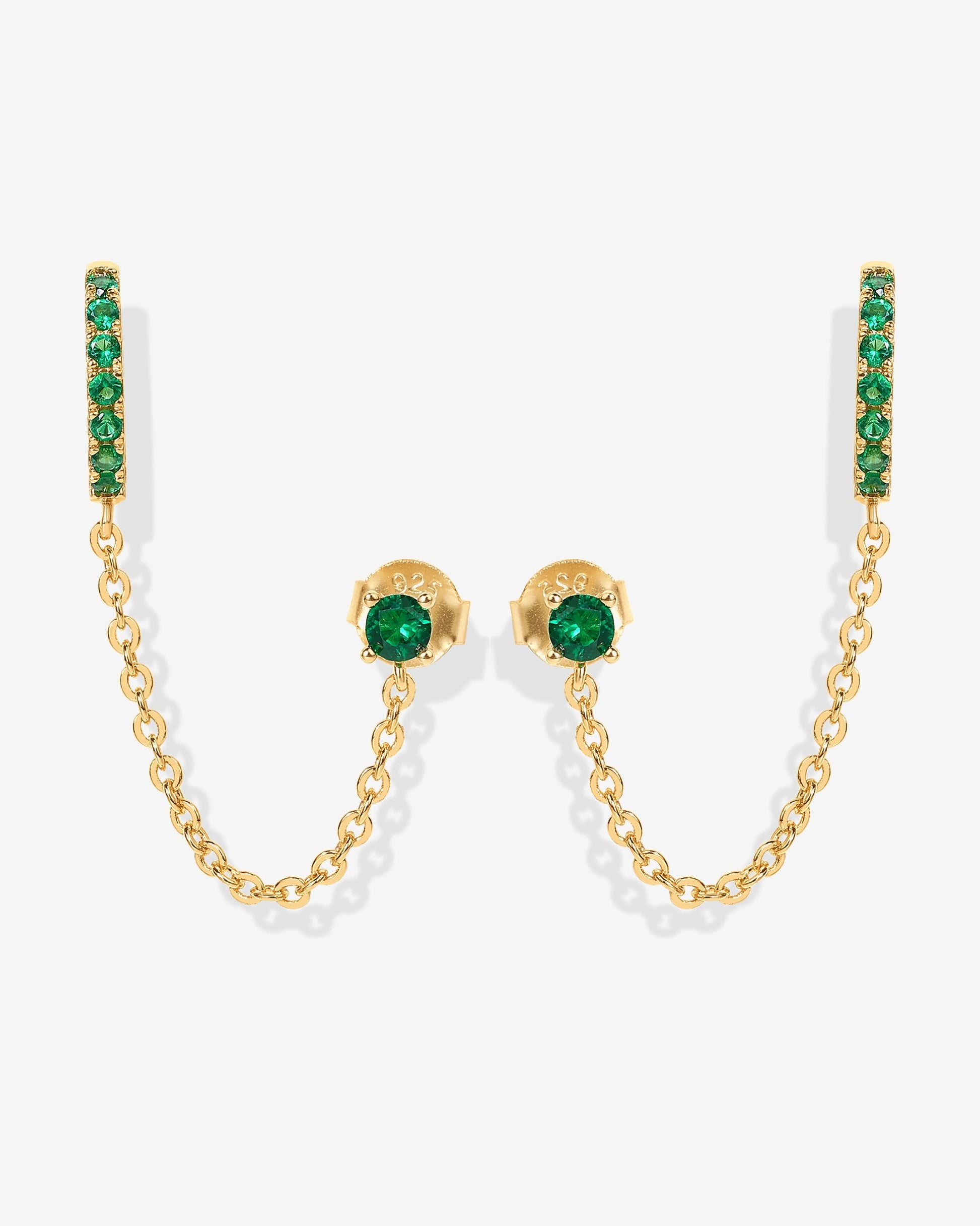 Chained Huggie Hoop with Green CZ Stud