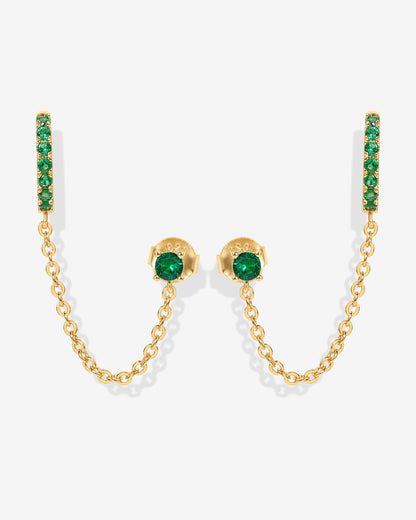 Chained Huggie Hoop with Green CZ Stud