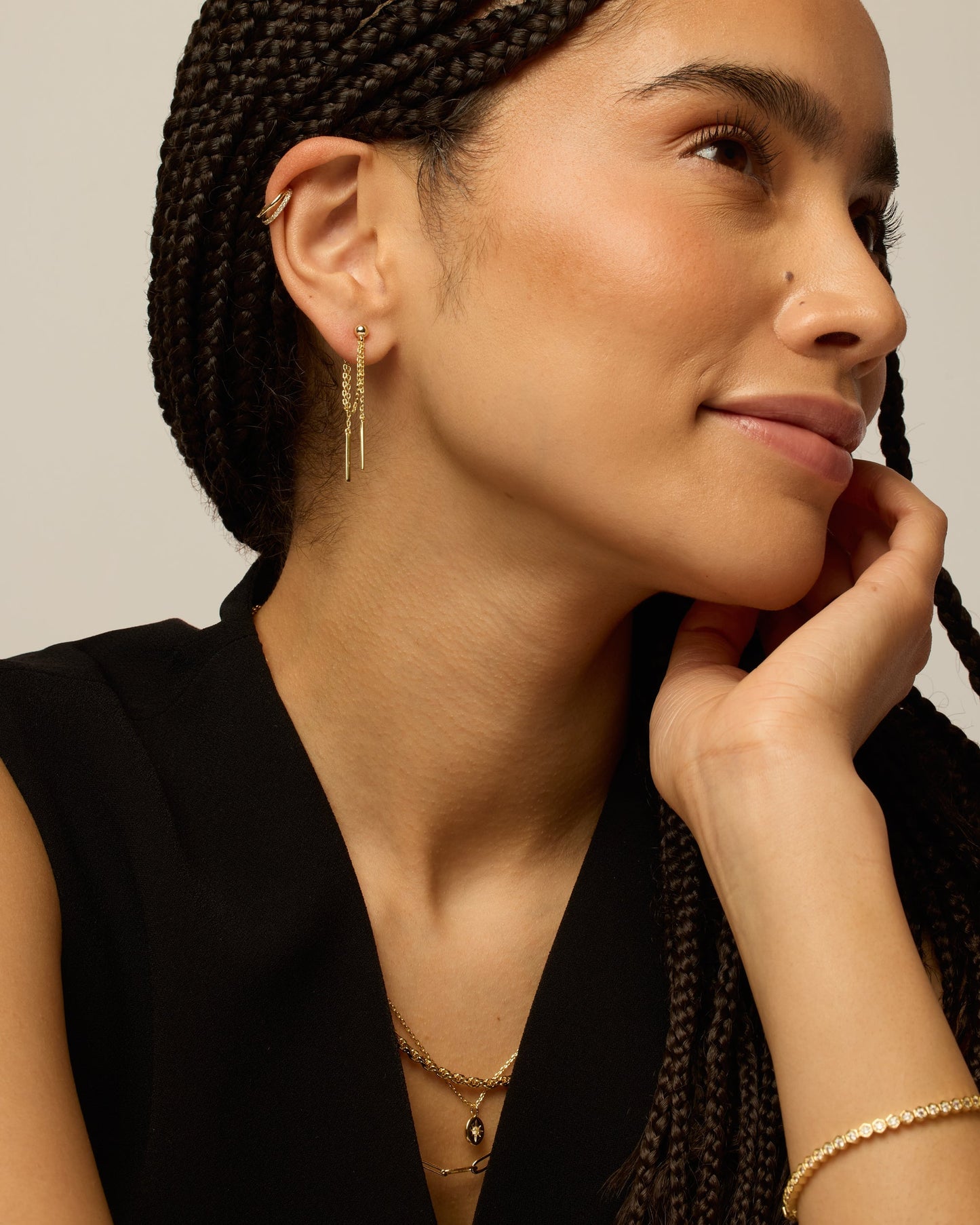 Mini CZ Chained Bar Earrings